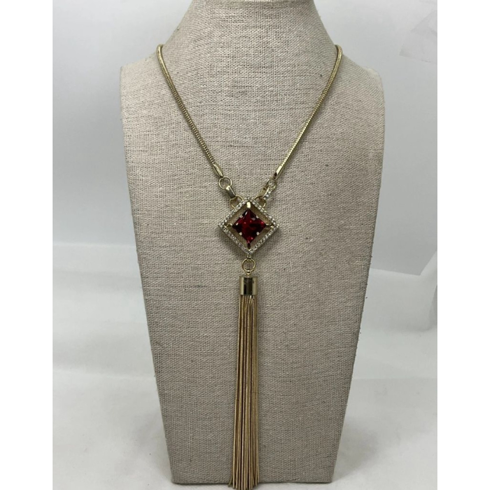 NWT Cache Goldtone Red Rhinestone Tassel Necklace